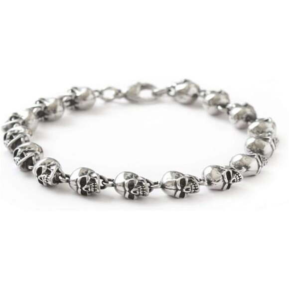 stainless steel skull bracelet mens gothic punk rock biker chain bead jewelry - Picture 1 of 7